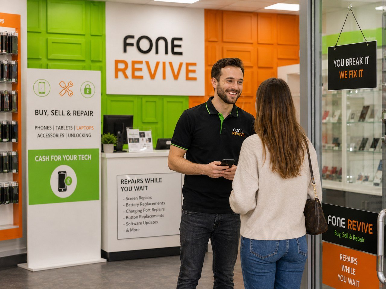 Friendly in-store customer service discussion at PhoneShopBristol