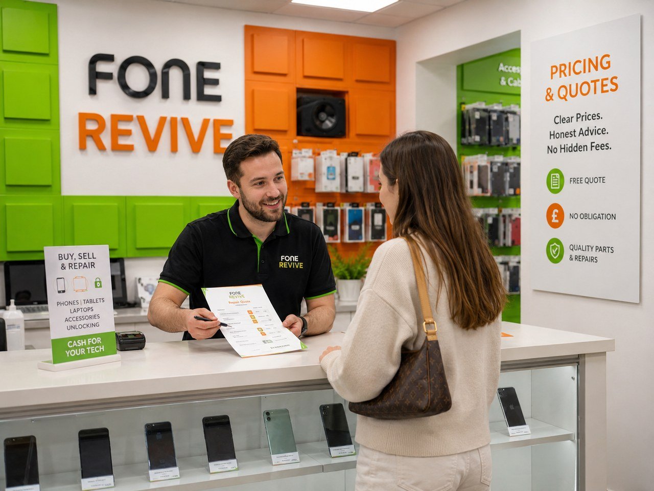 Customer discussing a repair quote at the service counter