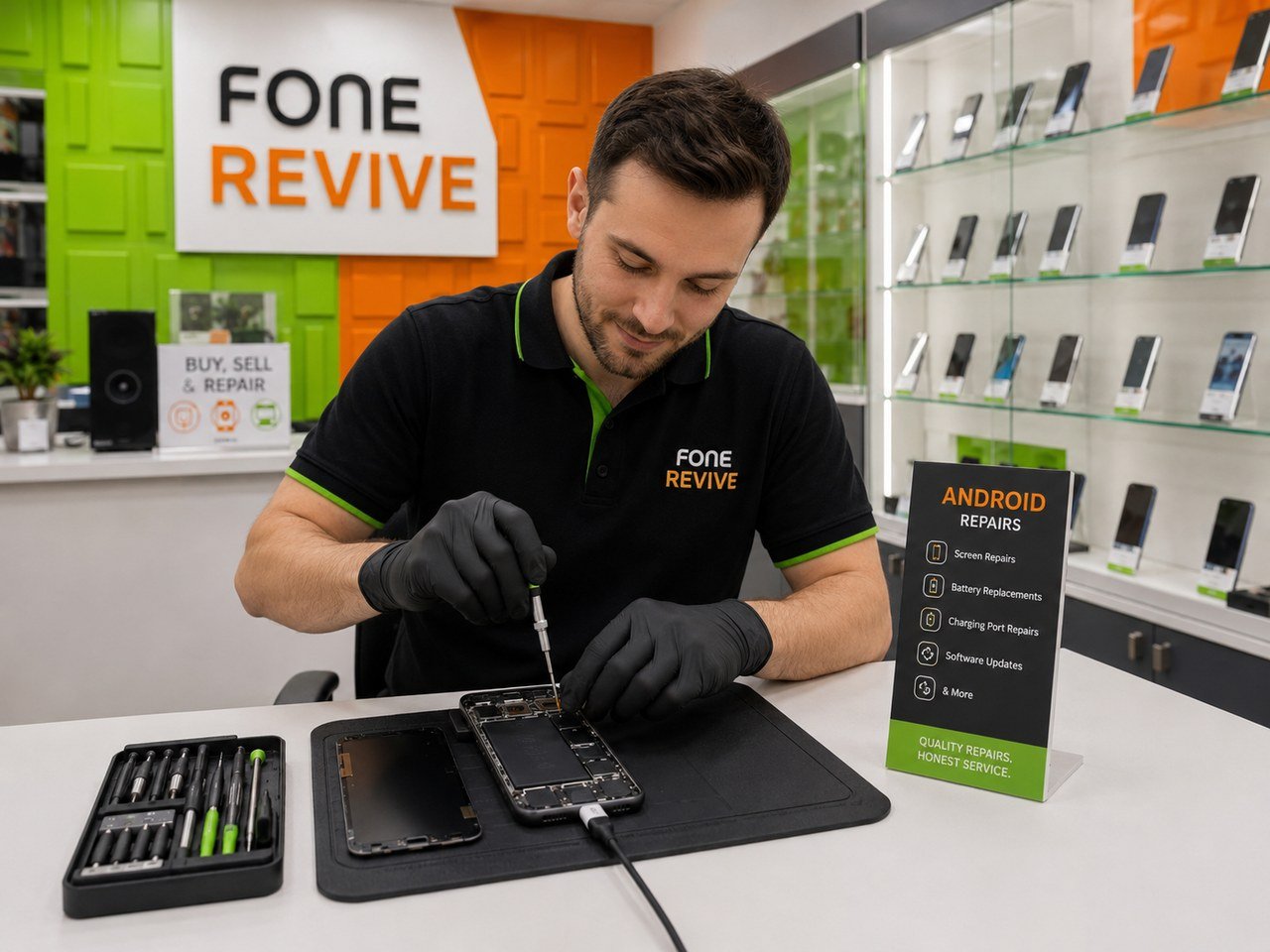Android phone repair at a clean branded workshop counter
