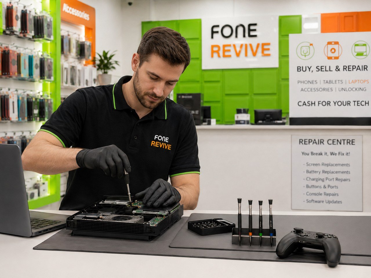 Console repair technician working on a games console