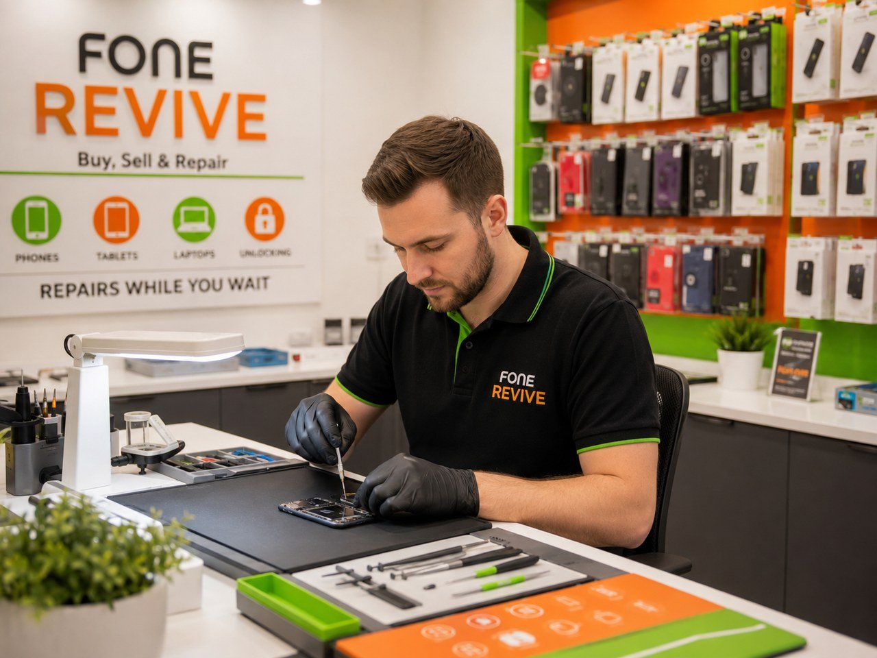 Independent iPhone repair being carried out on a workbench