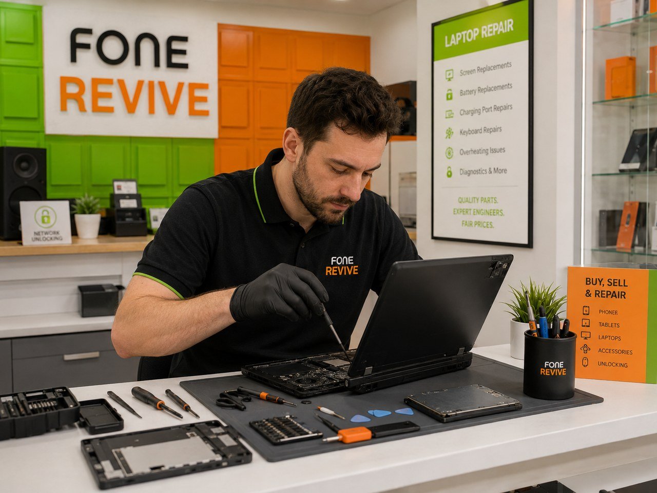 Laptop repair technician diagnosing a laptop in a modern workshop