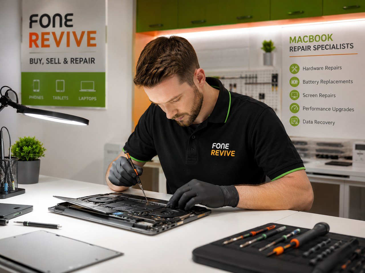 MacBook repair specialist working on an opened laptop