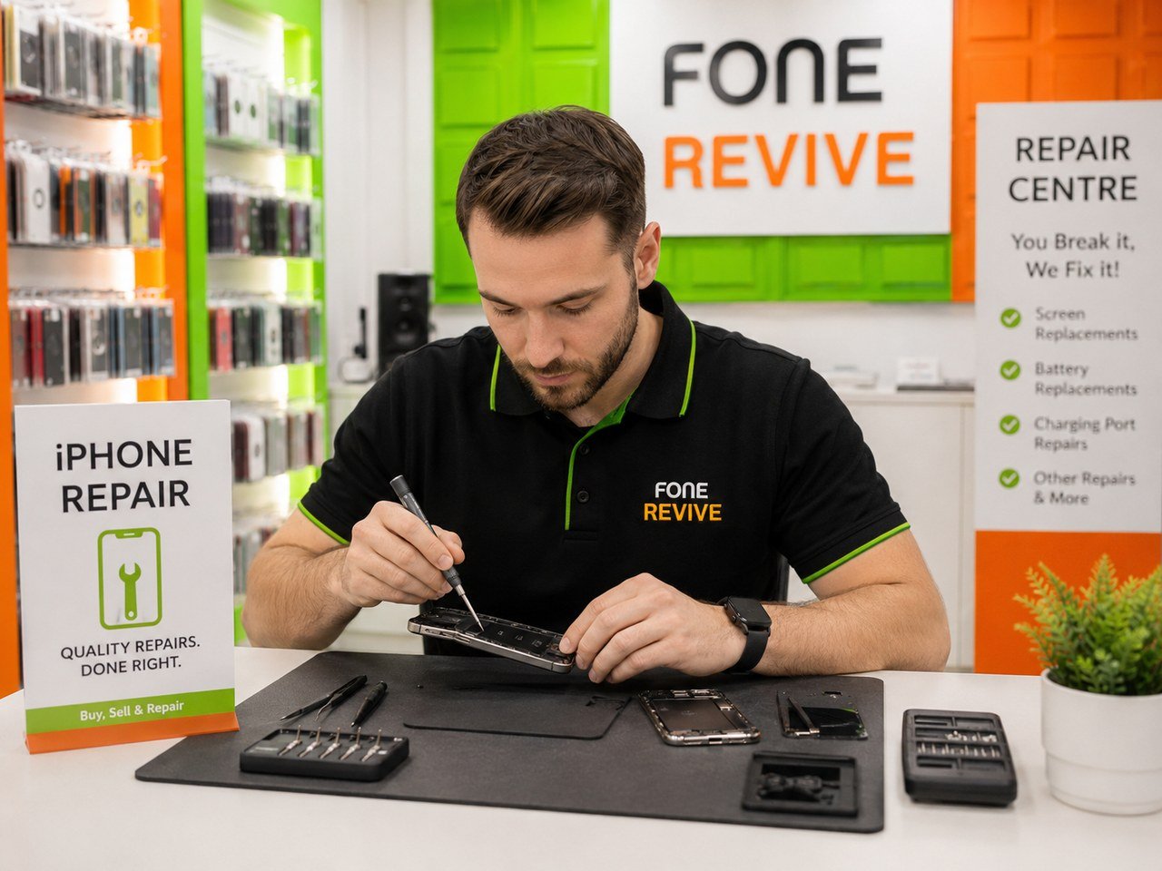 Technician carrying out a professional smartphone repair at PhoneShopBristol